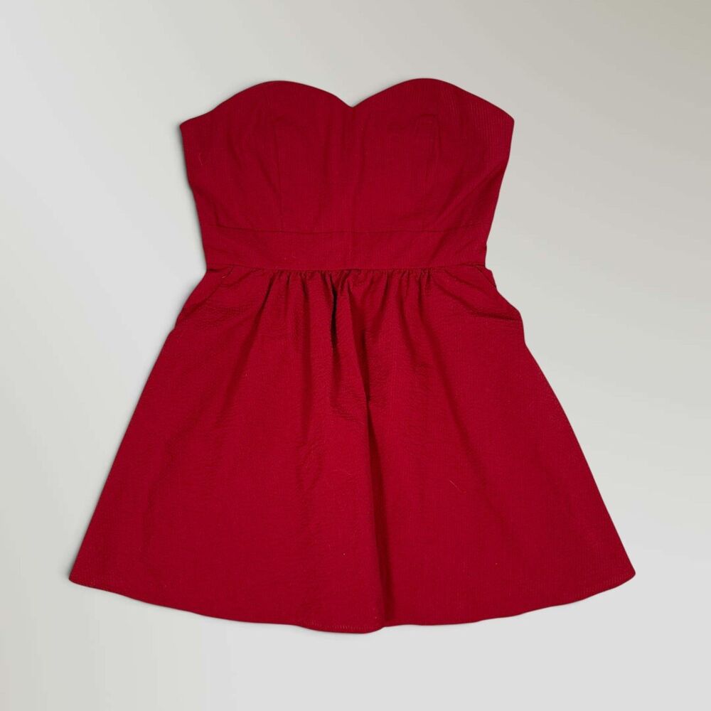 Lauren James Savannah Solid Seersucker Strapless Dress Crimson Red Pockets Large